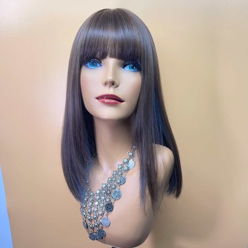 Brown Straight Blue Bangs Halloween Colorful Wig